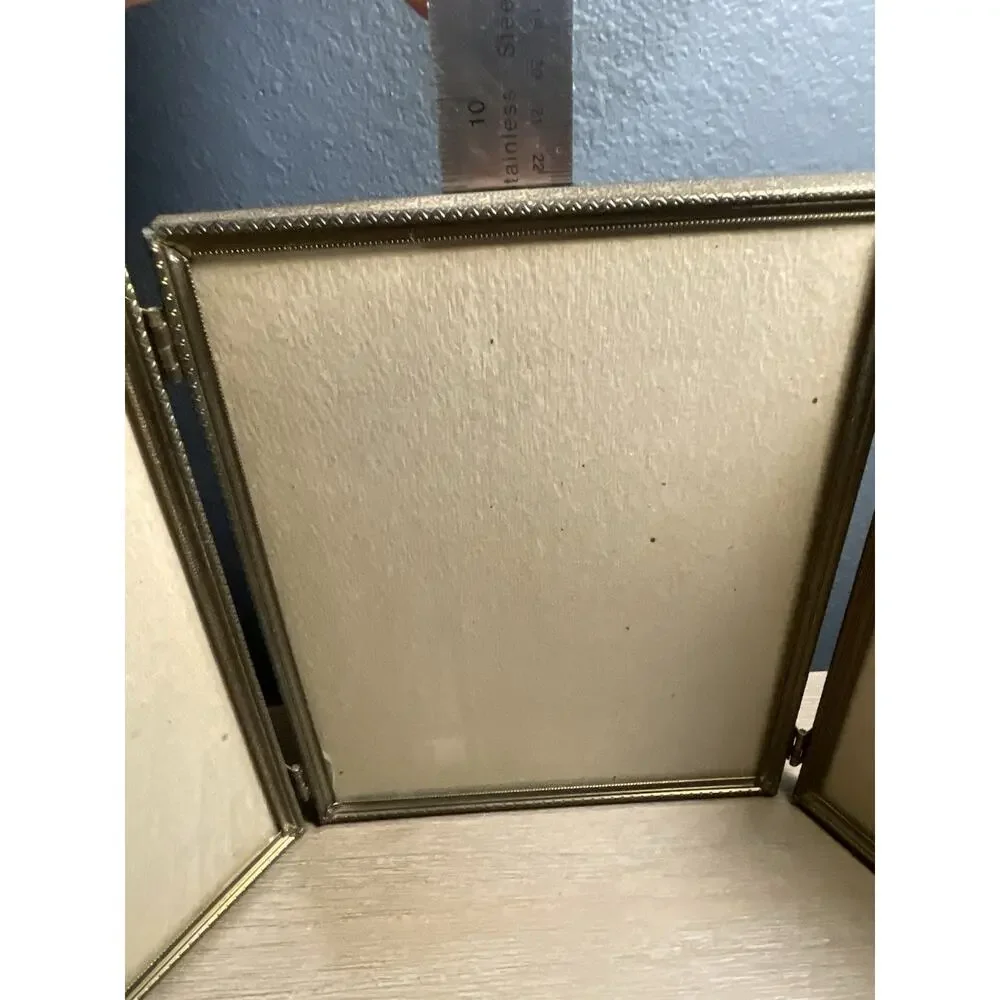 Vintage Brass Tone Tri-Fold Picture Frame Triple Hinged 5x7 Ornate Glass